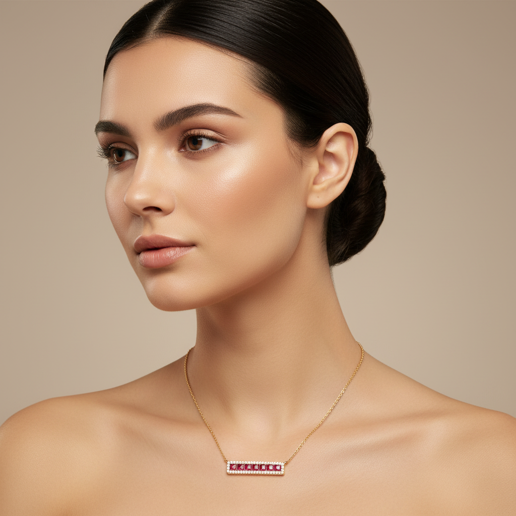 Rose Gold Ruby Princess Cut Diamond Halo Bar Necklace - Two