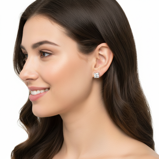 Princess Cut Diamond Stud Earrings with Screw Back in White Gold