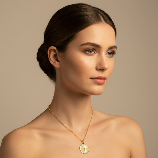 Pav Cross Disc Pendant Necklace - Five