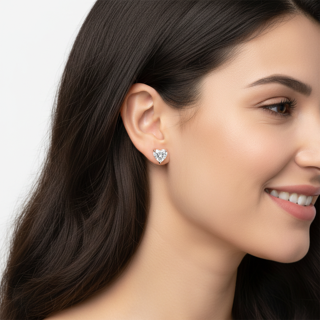Heart Shaped Diamond Stud Earrings In White Gold - Two