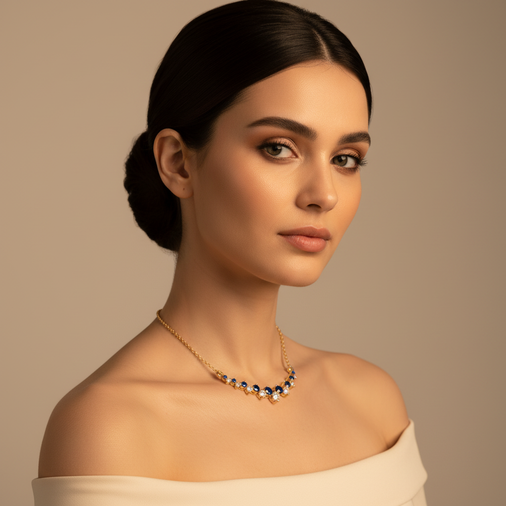 Blue Sapphire And Diamond Curved Bar Necklace In Yellow Gold - Two