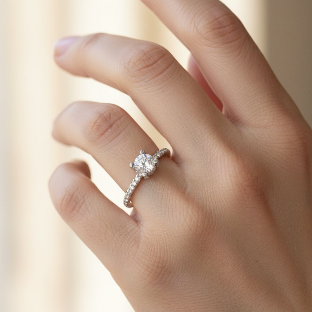 Rose Gold Diamond Halo Engagement Ring With Pav Band - Two