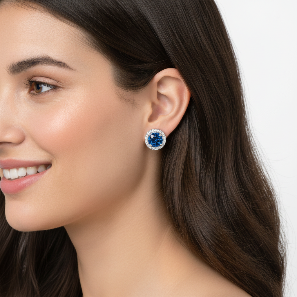 Blue Sapphire Round Halo Stud Earrings With Moissanite Accents In 925 Silver - Five