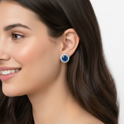 Blue Sapphire Round Halo Stud Earrings With Moissanite Accents In 925 Silver - Five
