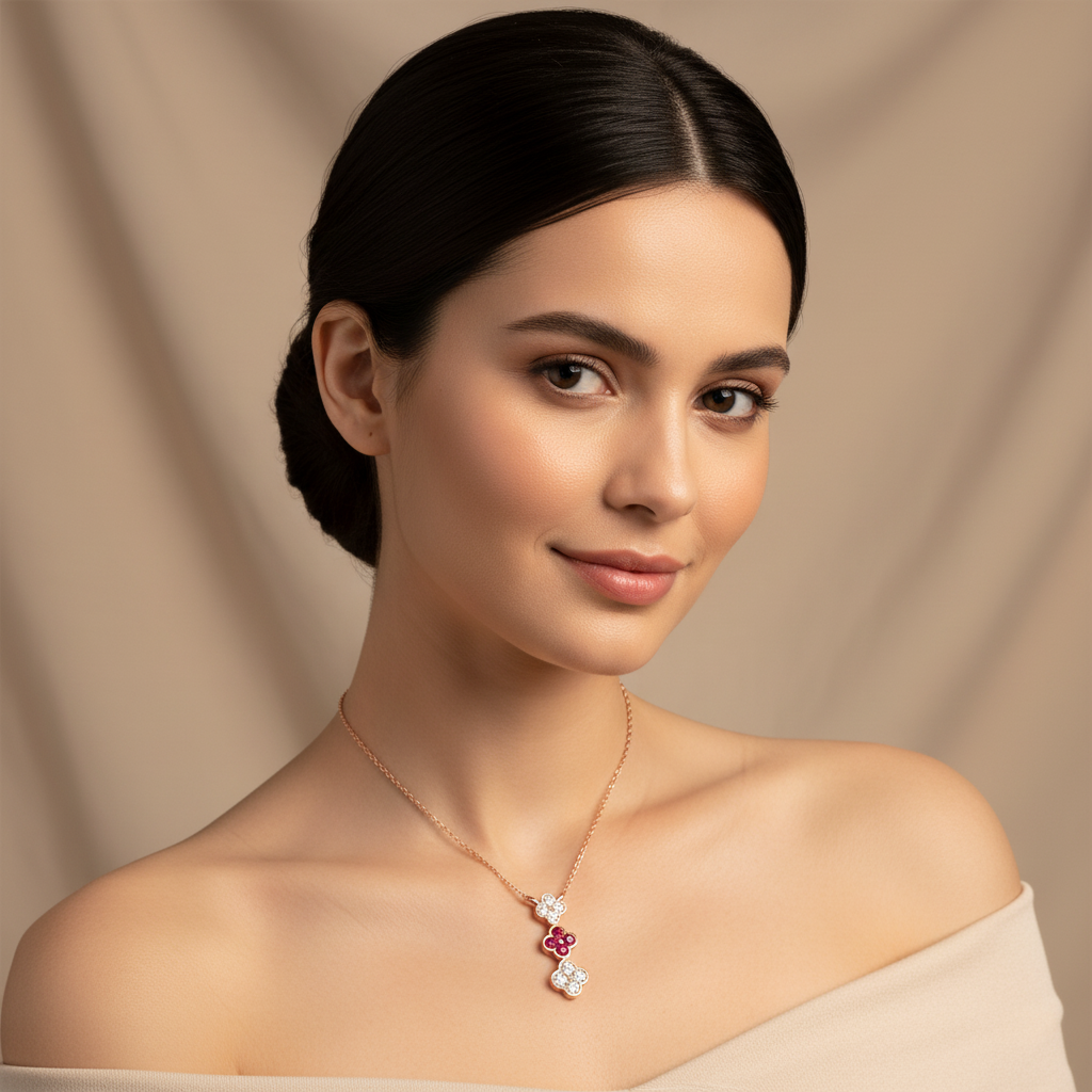 Rose Gold Triple Clover Diamond And Ruby Pendant Necklace - Two