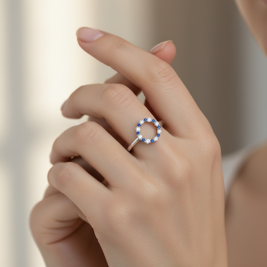 Blue Sapphire And Diamond Open Circle Ring - Two