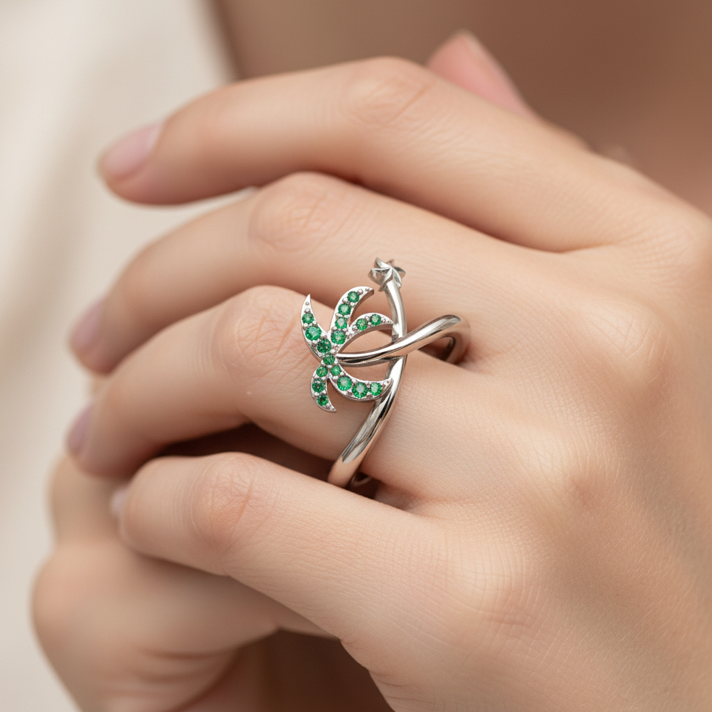 Green Stone Star & Crescent Moon Ring In Yellow Gold - Three