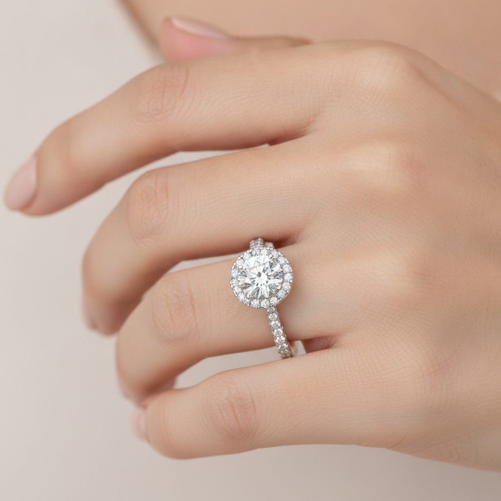 Dramatic Classic Halo Diamond Engagement Ring In 925 Sterling Silver - Fourteen