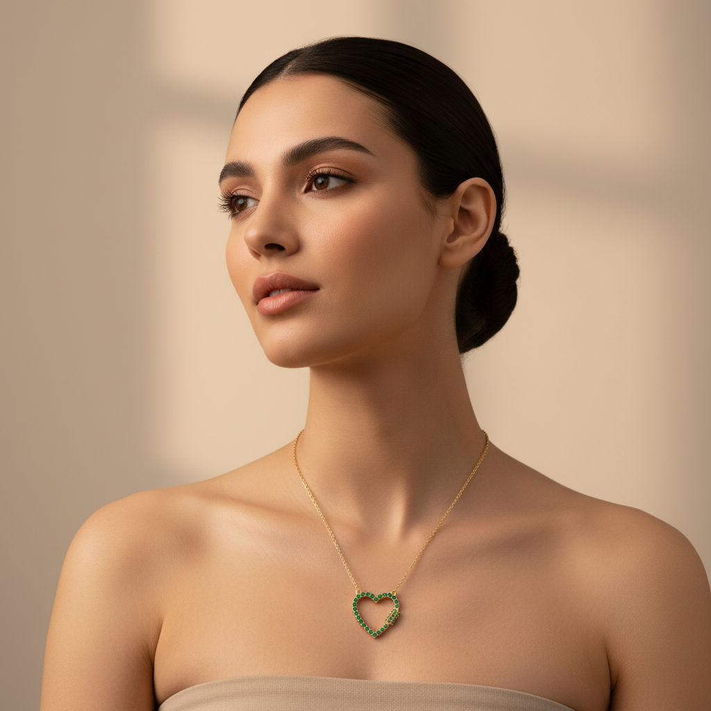 Lab-Grown Emerald Open Heart Necklace In Rose Gold | Elegant Pave Pendant With Adjustable 16–17 Inch Chain - Two