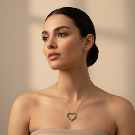 Lab-Grown Emerald Open Heart Necklace In Rose Gold | Elegant Pave Pendant With Adjustable 16–17 Inch Chain - Two