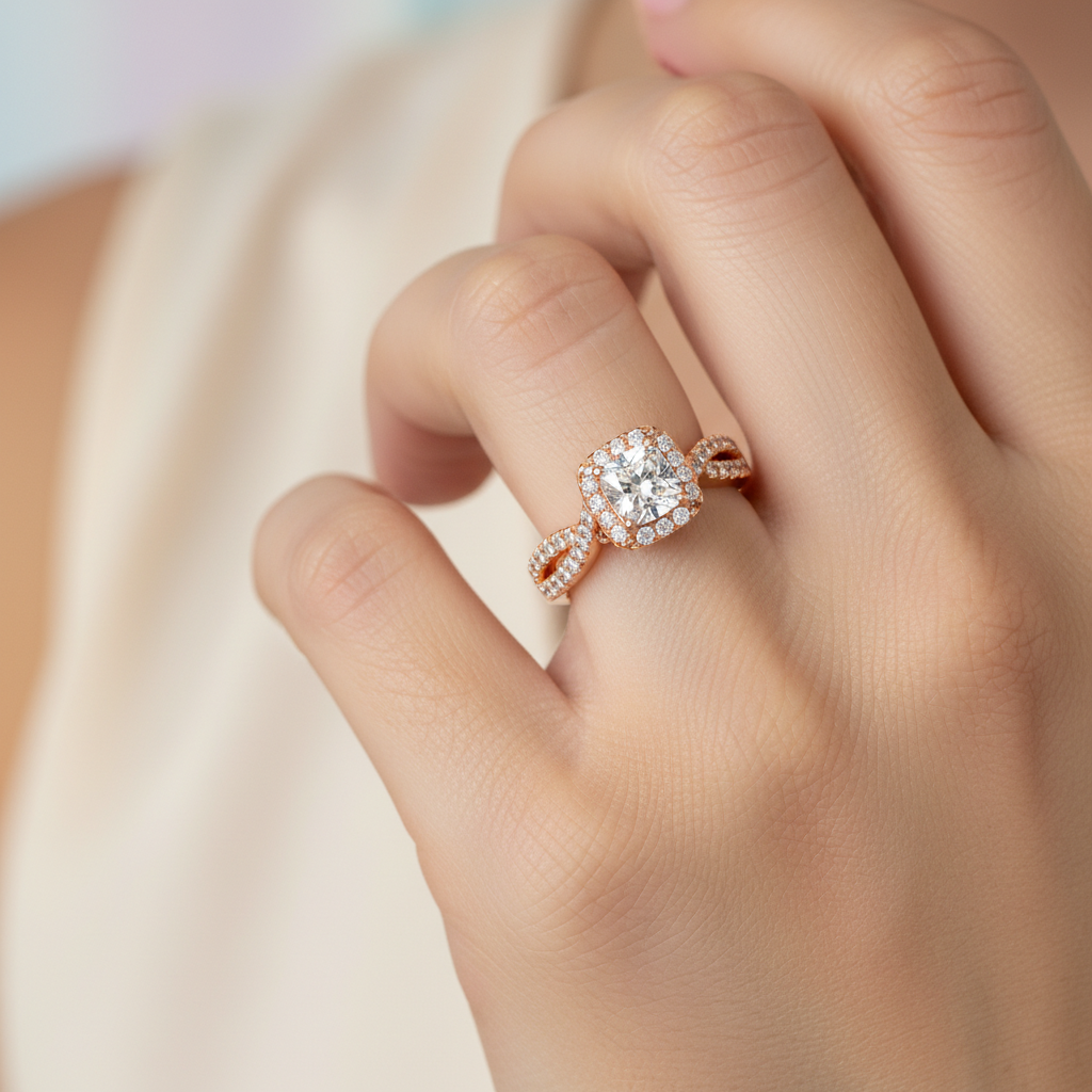 Rose Gold Cushion Halo Diamond Engagement Ring With Filigree Detail - Two