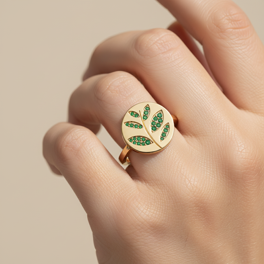Emerald Leaf Disc Ring With Pav Gemstones - Two