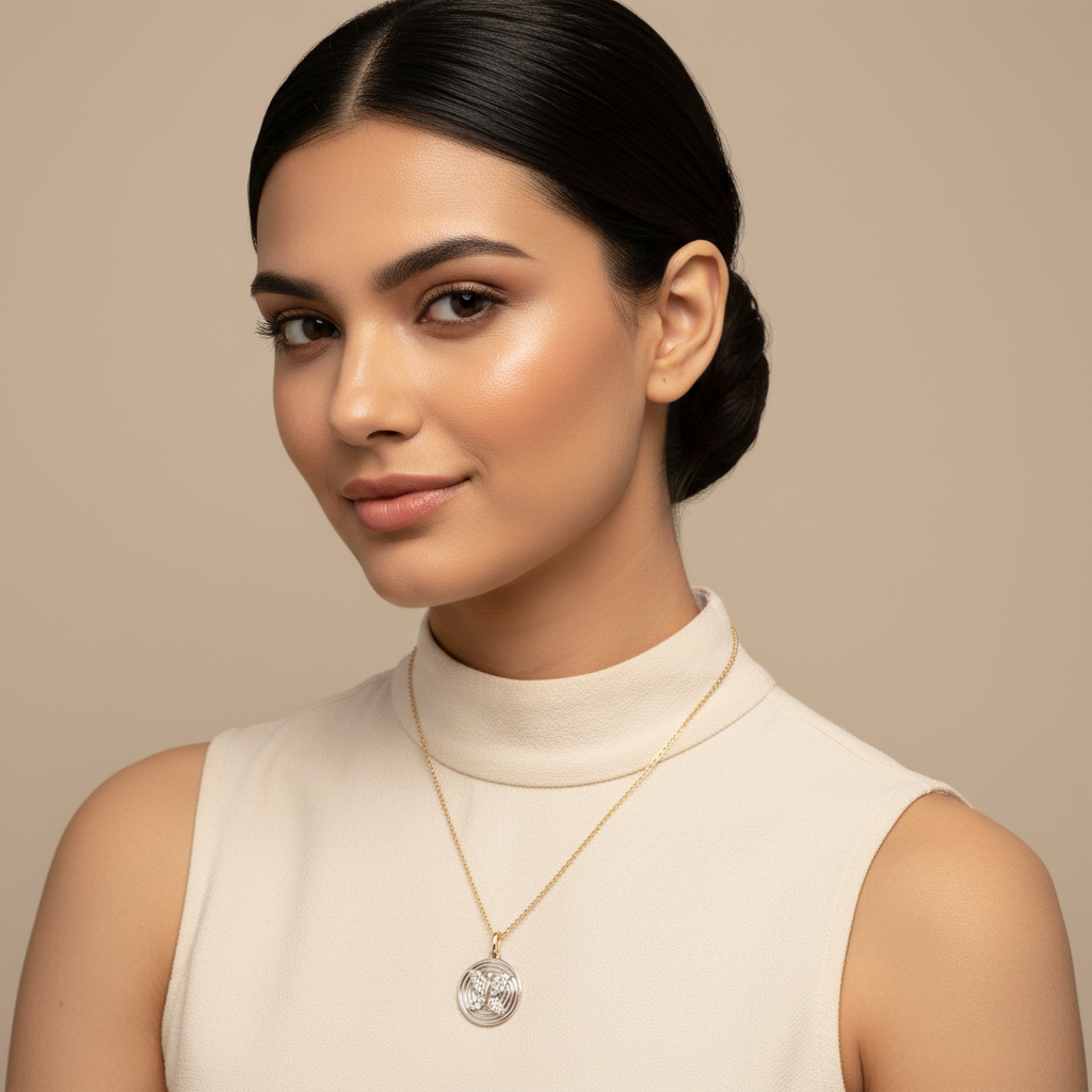 Gemini Zodiac Sign Diamond Pendant Necklace With Circular Ripple Design - Two