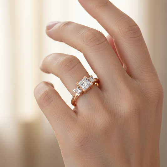 Rose Gold Princess Cut Three Stone Diamond Engagement Ring