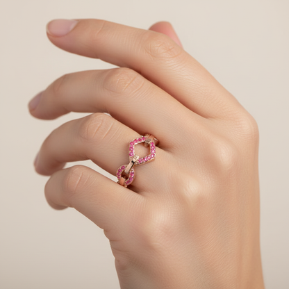 Modern Ruby Chevron Ring | Rose Gold Double V Chain Link Statement Jewellery | Jebij - Two