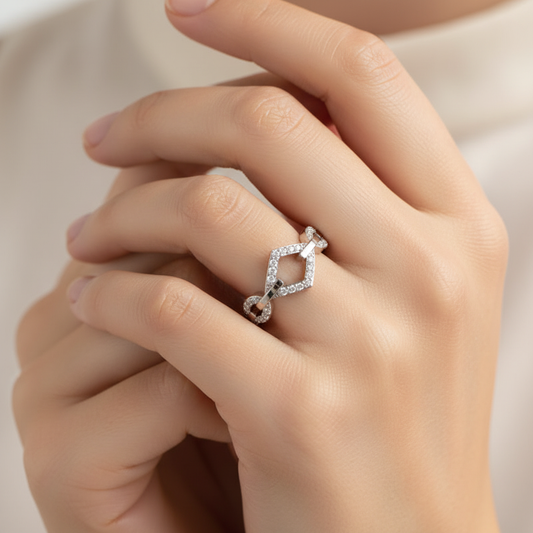 Diamond Chain Link Ring For Women | White Gold Chevron Center Modern Design | Jebij - Two