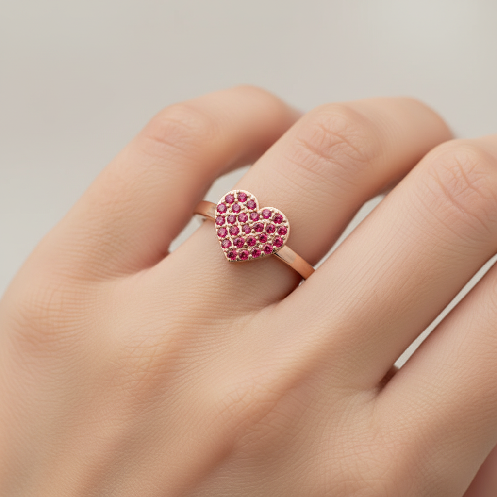 Pav Ruby Heart Ring In Rose Tone - Two