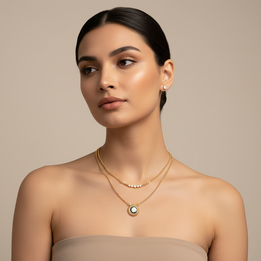 Layered Diamond Pendant Necklace With Beaded Chain Detail - Two
