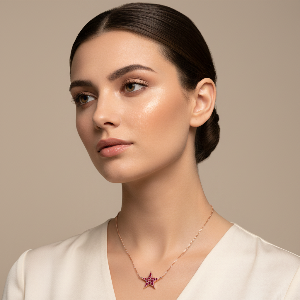Pink Crystal Star Pendant Necklace Rose Tone Chain - Two