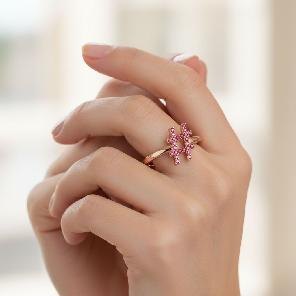 Ruby Hashtag Symbol Ring In Rose Tone - Three