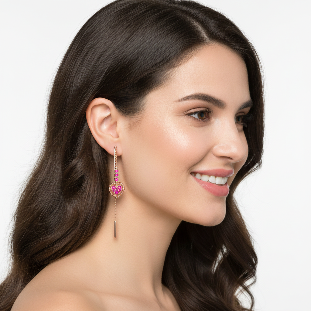 Ruby Heart Threader Earrings with Bar Drop