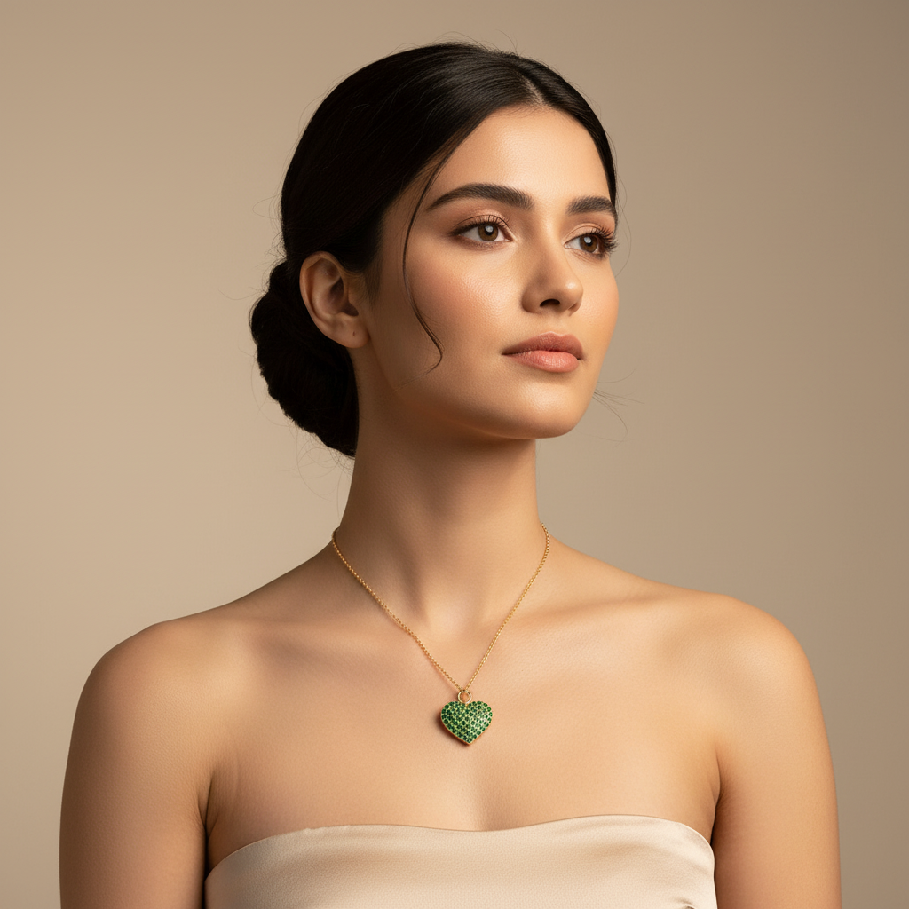 Lab-Grown Emerald Heart Pendant Necklace In White Gold | Adjustable 16–17 Inch Chain - Two