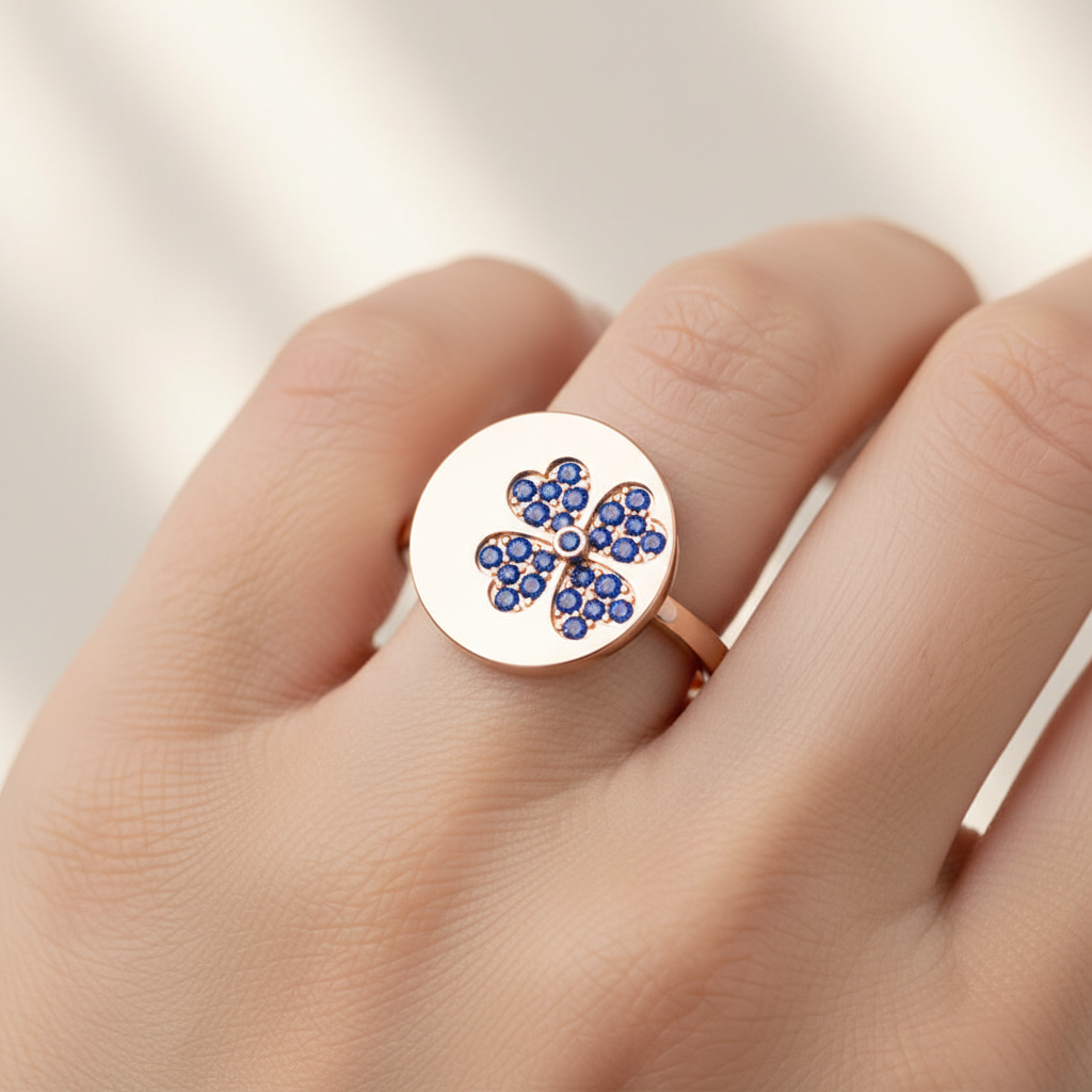 Blue Sapphire Four Leaf Clover Disc Ring - Two