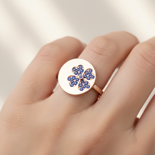 Blue Sapphire Four Leaf Clover Disc Ring - Two