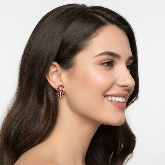 Dollar Sign Stud Earrings With Pink Gemstones - Two