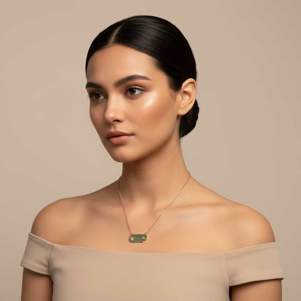 Lab-Grown Emerald Interlocking Link Pendant Necklace In Rose Gold | Modern Geometric Pave Design (16–17 Inch Adjustable) | Jebij - Two
