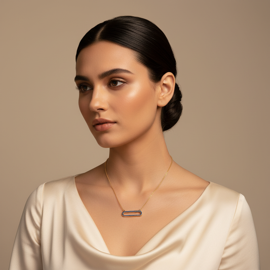 Lab-Grown Blue Sapphire Horizontal Link Pendant Necklace In Rose Gold | Minimal Modern Pave Design (16–17 Inch Adjustable) | Jebij - Two