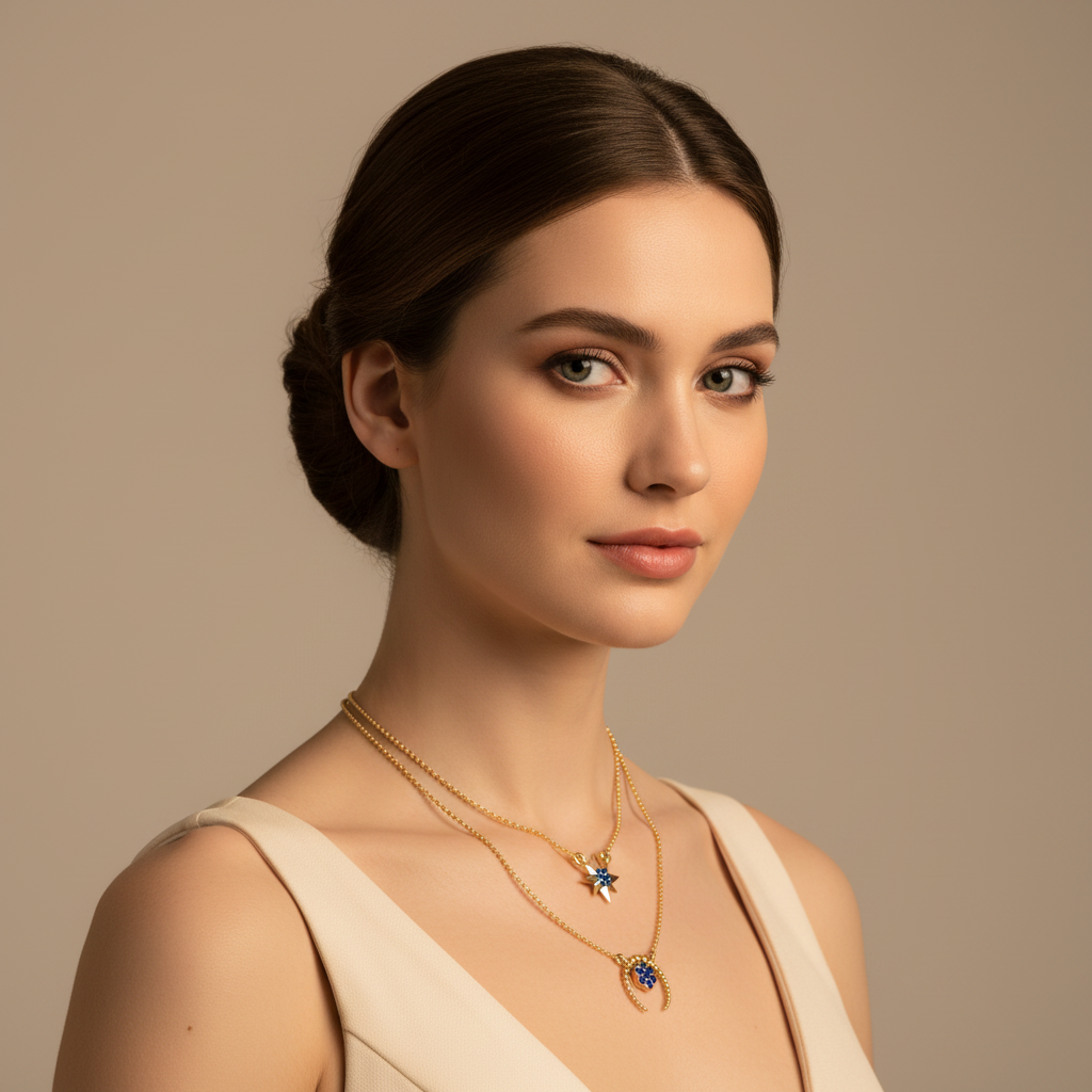 Blue Crystal Star And Horseshoe Layered Necklace Set - Two