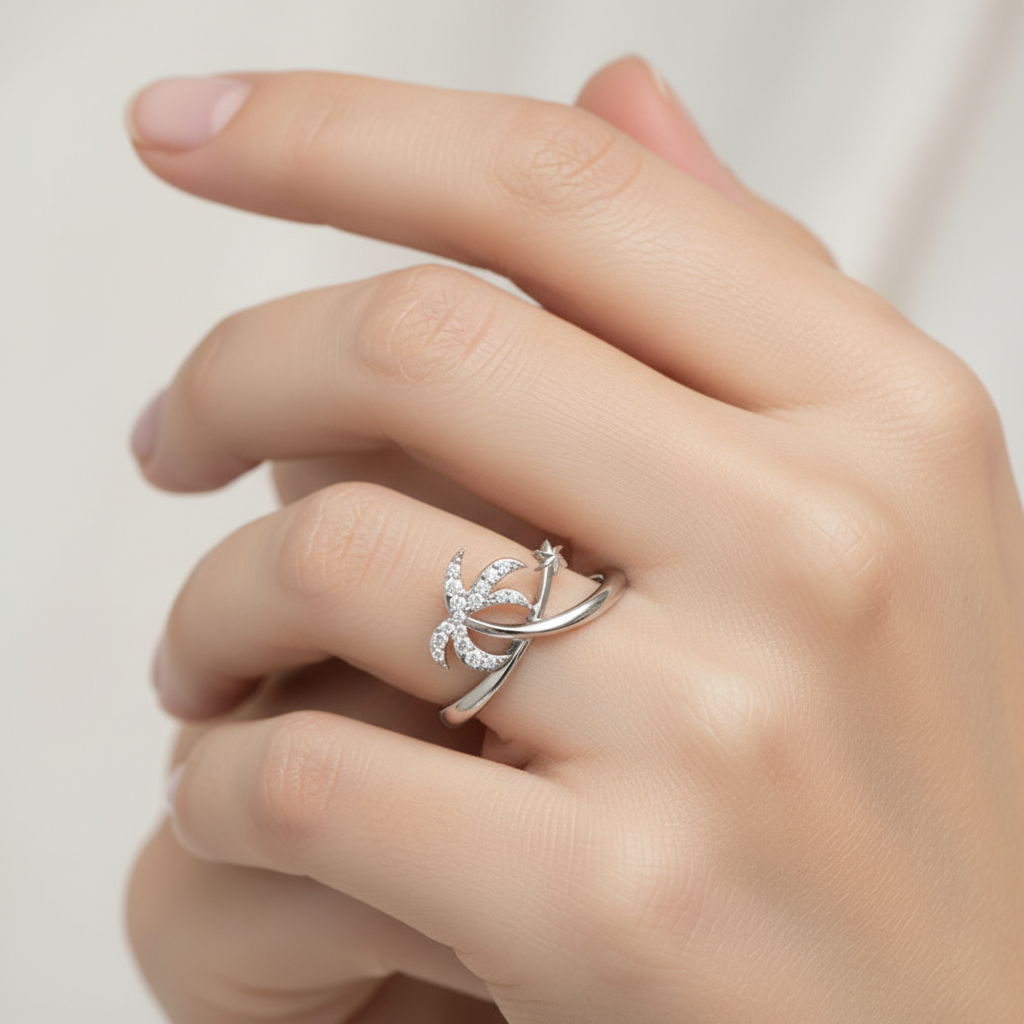 Diamond Star & Crescent Moon Ring In White Gold - Two