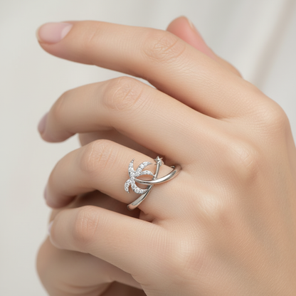 Diamond Star & Crescent Moon Ring In White Gold - Two