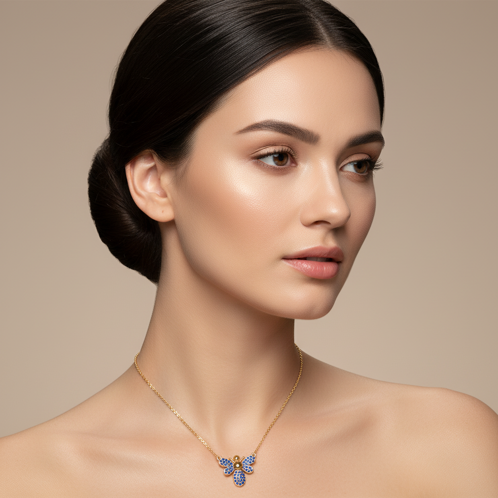Blue Crystal Bee Pendant Necklace With Chain - Two