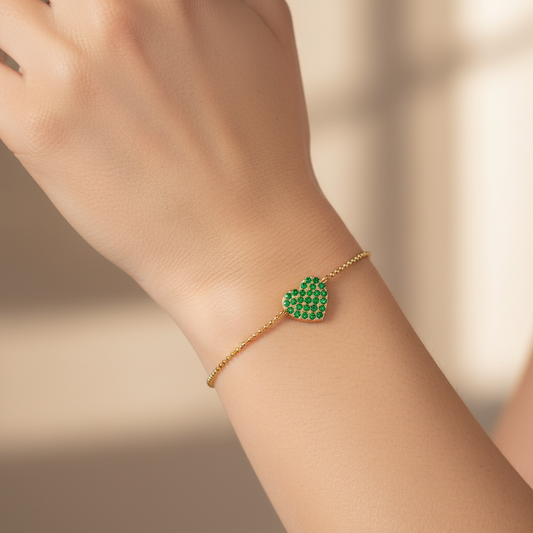 Emerald Pav Heart Bracelet With Chain Link Design - Two