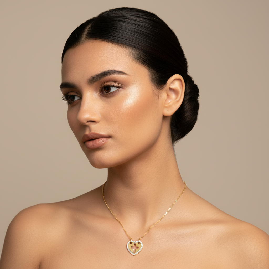 Heart Cross Cutout Pendant Necklace With Double Chain - Five