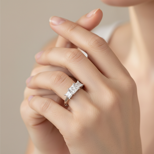 White Gold Three Stone Princess Cut Diamond Engagement Ring
