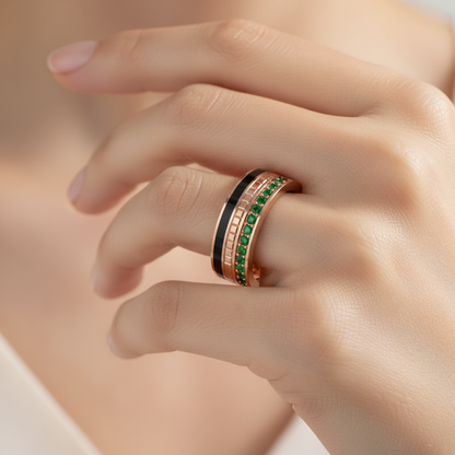 Gold Emerald Band Ring 6Mm With Black Enamel – Bold Statement Luxury Ring | Jebij - Two