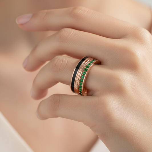 Gold Emerald Band Ring 6Mm With Black Enamel – Bold Statement Luxury Ring | Jebij - Two