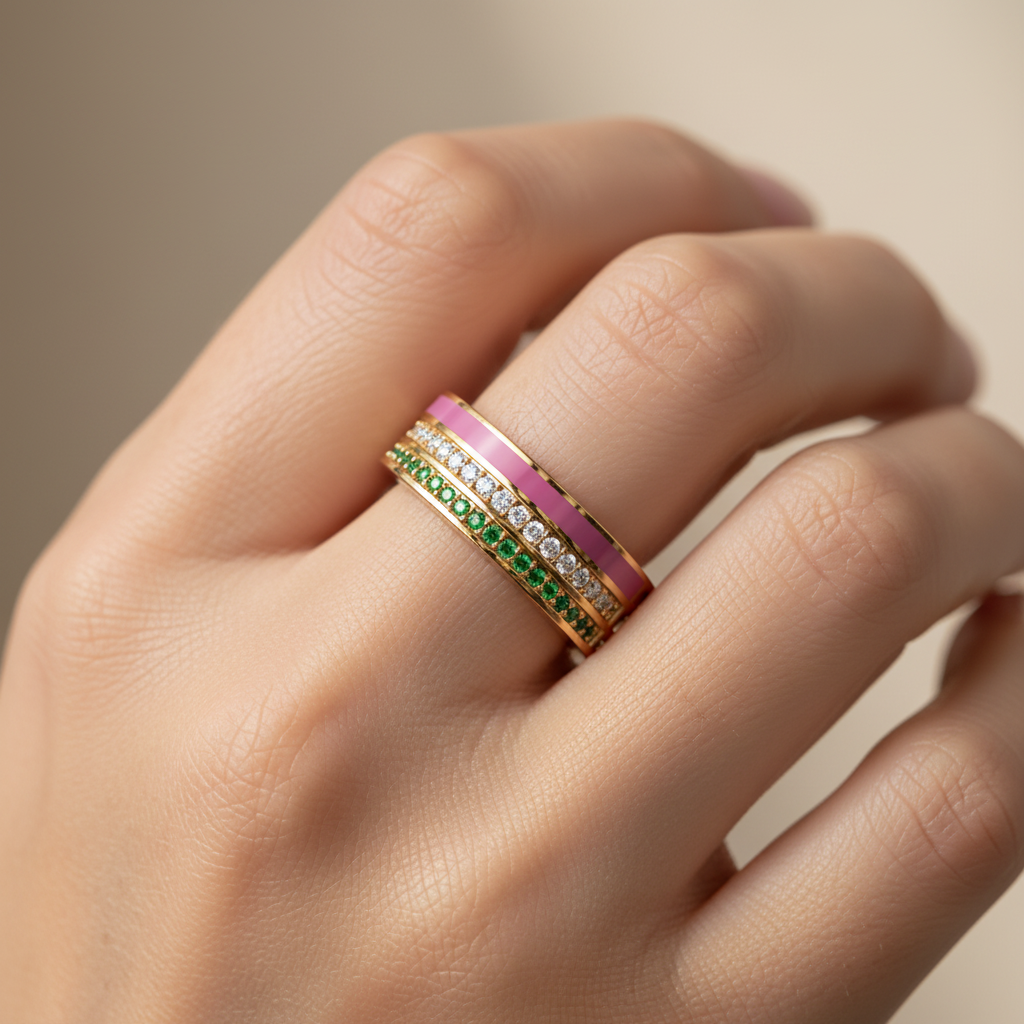 Gold Emerald Diamond Multi-Row Band Ring With Pink Enamel – Statement Luxury Ring - Two