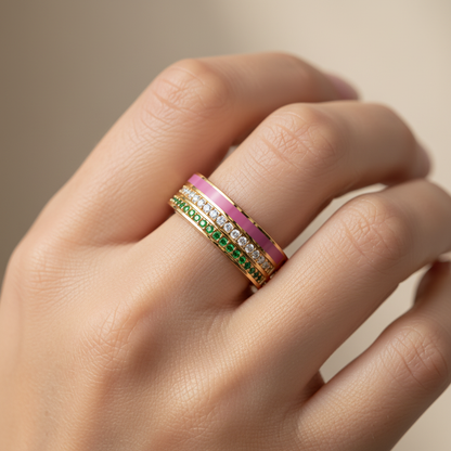 Gold Emerald Diamond Multi-Row Band Ring With Pink Enamel – Statement Luxury Ring - Two