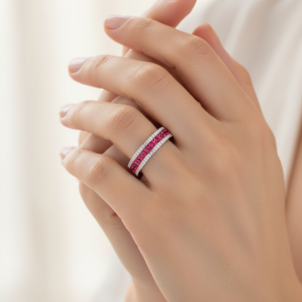 Princess Cut Ruby And Diamond Channel Set Wedding Band Ring - Two