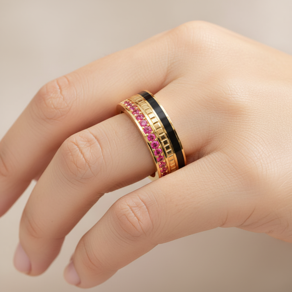Gold Ruby Band Ring 6Mm With Black Enamel – Bold Statement Luxury Ring | Jebij - Two