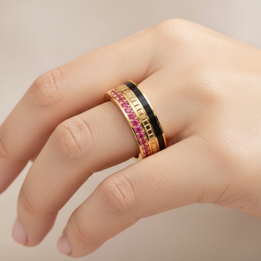 Gold Ruby Band Ring 6Mm With Black Enamel – Bold Statement Luxury Ring | Jebij - Two