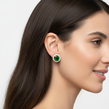 Sterling Silver Green Emerald Earrings – Halo Stud With Diamond Accents For Women - Two