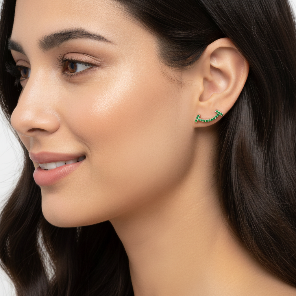 Curved Bar Stud Earrings With Green Stones - Two