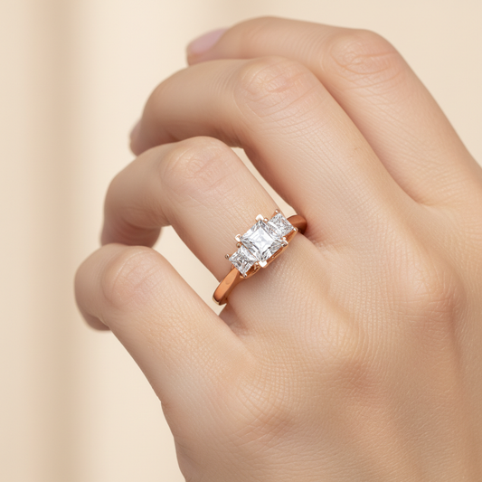 Rose Gold Three Stone Princess Cut Diamond Engagement Ring