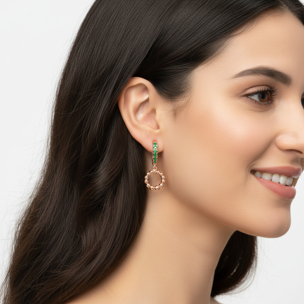 Emerald Huggie Hoop Earrings With Beaded Circle Drop Charms - Two
