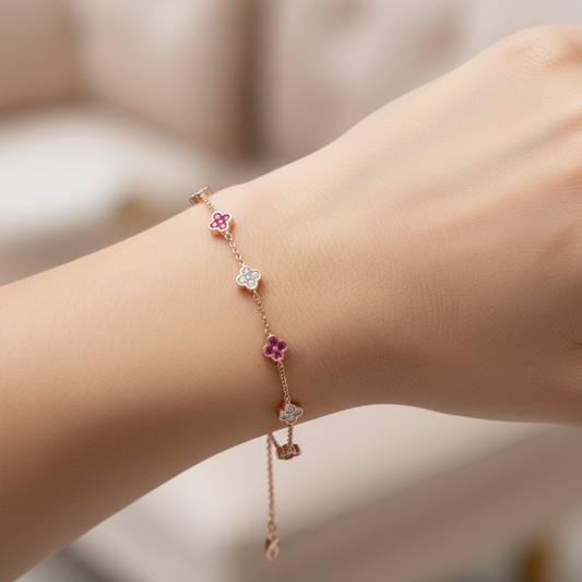 Delicate Clover Station Bracelet with Pink and White Gemstones